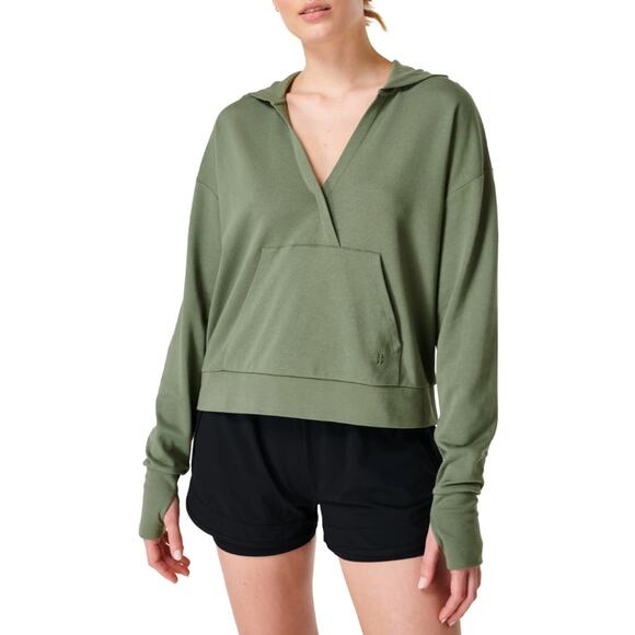 Sweaty Betty Green After Class Relaxed Athletic Crop Hoodie Womens US 12 V-Neck - Picture 1 of 7